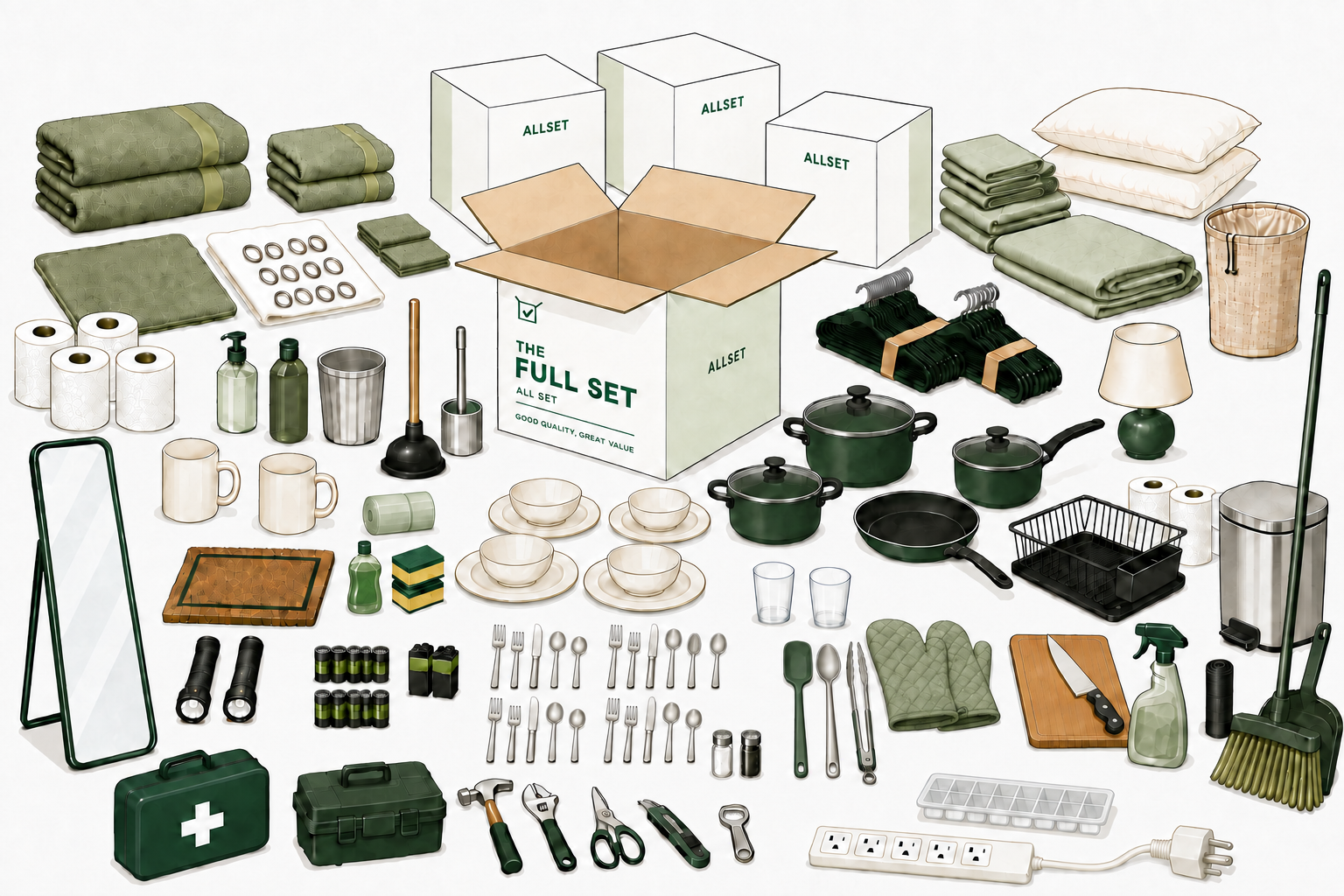 An open white AllSet Full Set box with three matching boxes behind it, surrounded by bathroom, bedroom, kitchen, and Forgettables essentials, including cooking utensils, oven mitts, and washcloths.